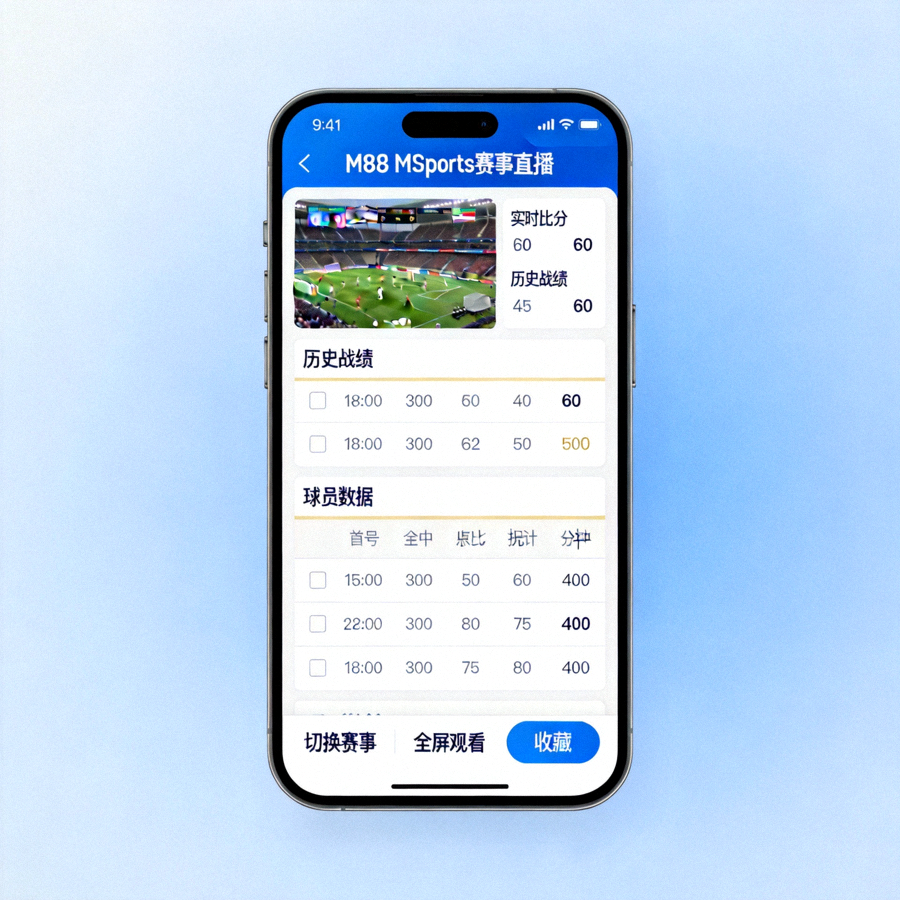 M88 MSports移动版赛事直播与数据统计界面示意图