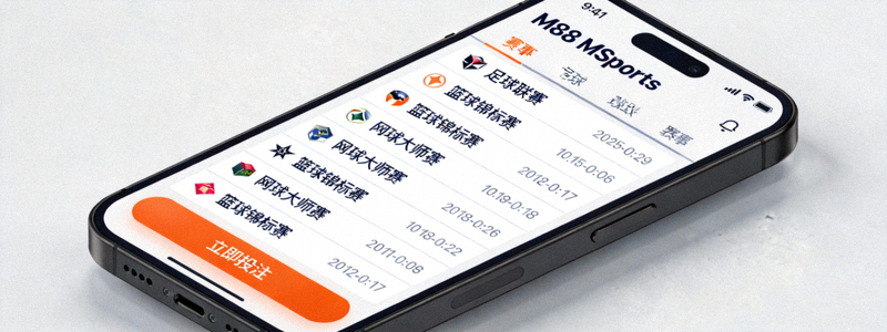 M88 MSports移动版在智能手机上的界面展示，显示清晰的赛事列表和投注按钮