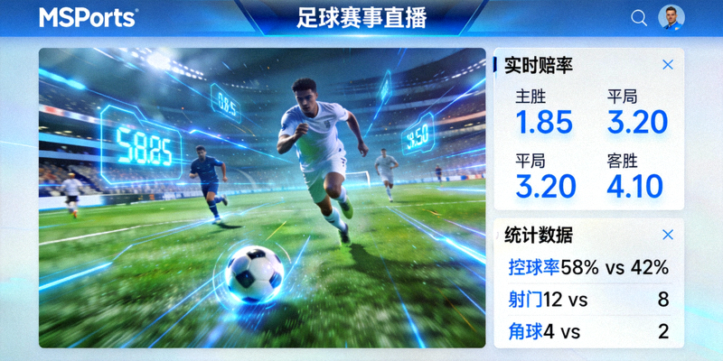 MSports平台实时投注界面截图，展示比赛进行中的动态赔率、统计数据与直播画面